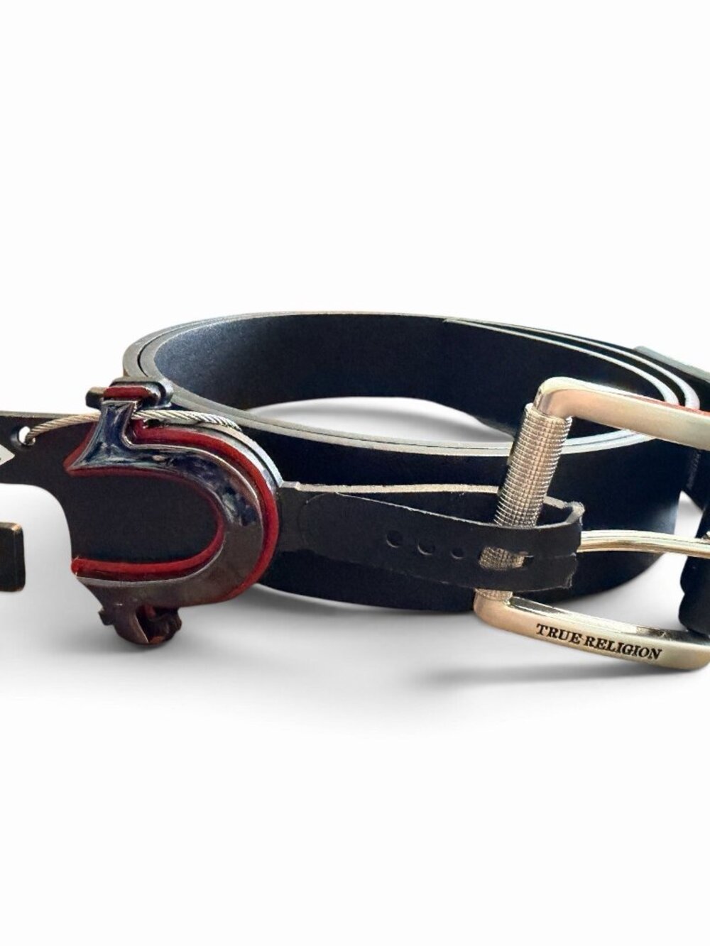 True Religion Mens Size 42 Leather Logo Belt Black Silver Buckle With Key Fob